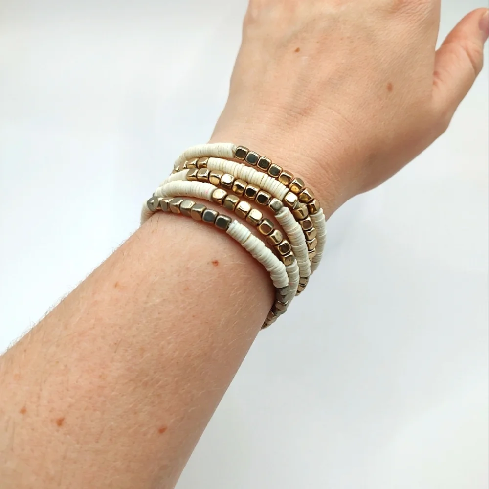 Gold and Cream Beaded Bracelet Set (4 Stretchy Boho Bracelets)